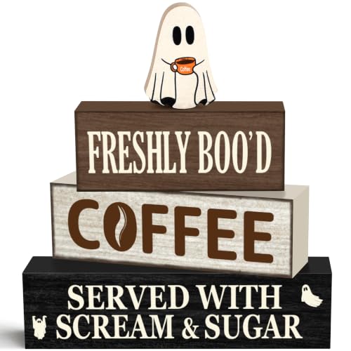 Oat Halloween Wooden Coffee Decor Set - Ghost & Slogan Farmhouse Holiday Decorations