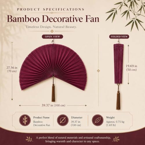 Large Bamboo Fan Wall Decor - 39.3 Inch Green Decorative Wall Fan - Boho Home Accent