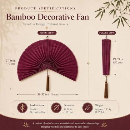 Large Bamboo Fan Wall Decor - 39.3 Inch Green Decorative Wall Fan - Boho Home Accent