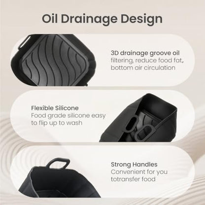 Redfly Reusable Silicone Air Fryer Liners Square 8.5 Inch - Black & Black Variation