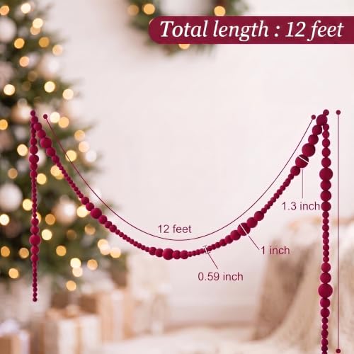 12Ft Velvet Bead Garland Christmas Wreath & Tree Decor - Red Variation