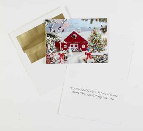 Festive Farm Christmas Cards with Foil-Lined Envelopes - Red Barn Holiday Set, 15 Cards