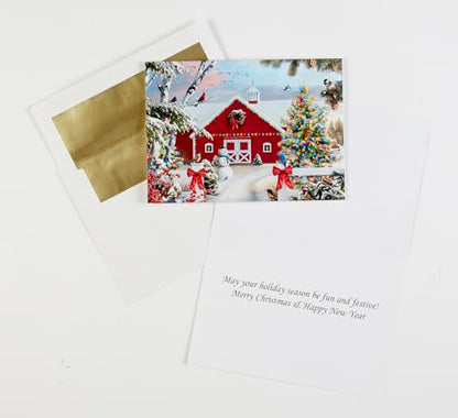 Festive Farm Christmas Cards with Foil-Lined Envelopes - Red Barn Holiday Set, 15 Cards