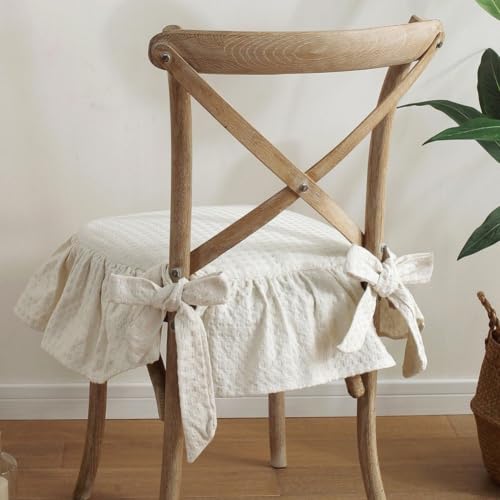 Beige Ruffle Chair Cushion Cover French Chair Pad Slipcover with Ties - Farmhouse Home Decor