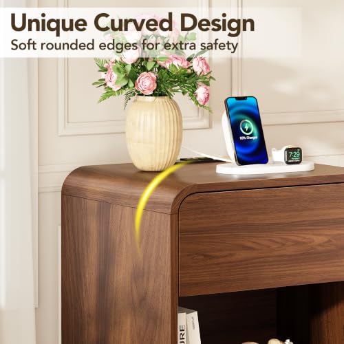 Decofy Walnut Nightstand Set of 2 with Built-In Charging Station, 1 Drawer, Modern Design