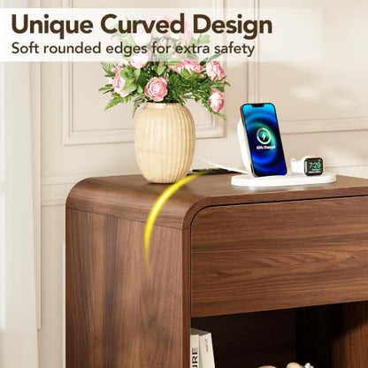 Decofy Walnut Nightstand Set of 2 with Built-In Charging Station, 1 Drawer, Modern Design