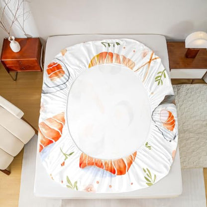 Kids Full Size Sushi Fitted Sheet Set Cartoon Salmon Watercolor Design - 3 Pcs