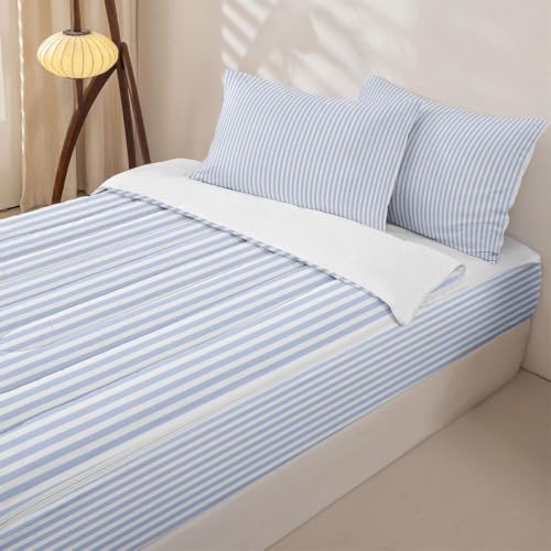 Queen Blue White Stripe Comforter Set with Zippered Bed-In-A-Bag