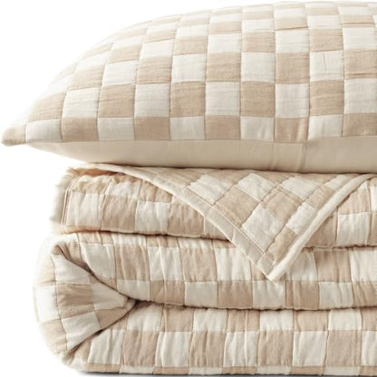 Lands' End Jacquard Quilted Cotton-Blend Coverlet King Camel Check - Layered Bedding