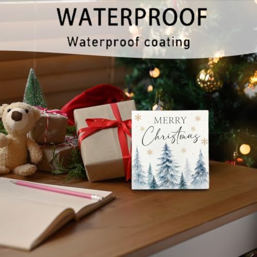 Christmas Tree Wooden Sign Decor 5x5 Inches with Blue Watercolor Pines Variation