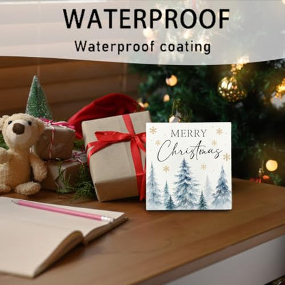 Christmas Tree Wooden Sign Decor 5x5 Inches with Blue Watercolor Pines Variation
