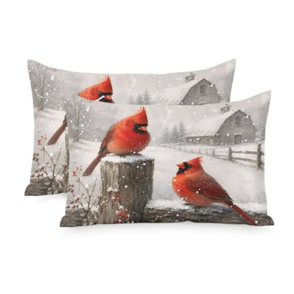 Set of 2 Christmas Cardinal Pillow Cases - Farmhouse Satin Decorative Covers 20x26 Inches