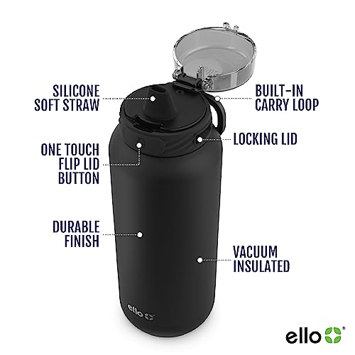 Ello Cooper 22oz Stainless Steel Water Bottle with Straw and Carry Handle, Double Walled and Vacuum Insulated Metal, Leak Proof Locking Lid with Soft Silicone Spout, Reusable, BPA Free, Black