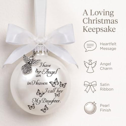 Angel Memorial Ornament with White Feathers and Bow Tie - Christmas Holiday Decorations for Loss of Daughter