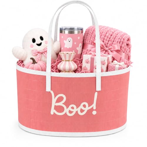 Pink Halloween Gift Basket - Large Foldable Woven Bamboo Decor