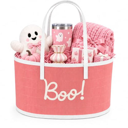 Pink Halloween Gift Basket - Large Foldable Woven Bamboo Decor