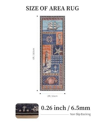 Vintage Nautical Area Rug 2x6 Washable Non-Slip Coastal Runner