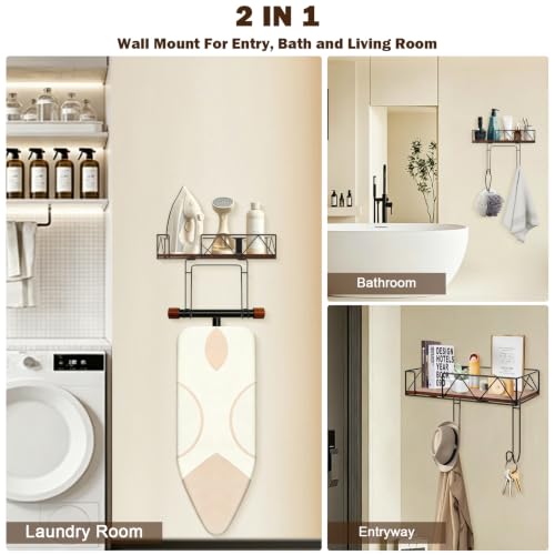 Wall Mounted Ironing Board Hanger with Wood Shelf and Hooks - Metal Laundry Storage Rack