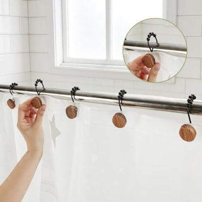 Wood Shower Curtain Hooks - Natural Beads Bathroom Rings - Brown 12 Pack