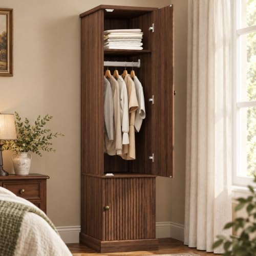 Idealhouse 72" Fluted Wood Armoire Wardrobe Closet, Narrow - Retro Brown