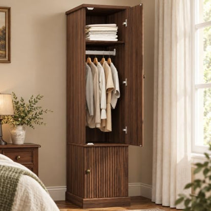 Idealhouse 72" Fluted Wood Armoire Wardrobe Closet, Narrow - Retro Brown
