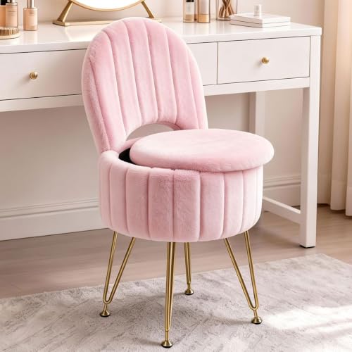 Pink Faux Fur Vanity Stool with Storage and Folding Backrest
