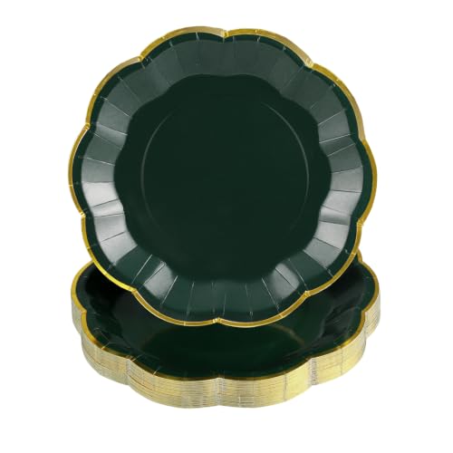 Green Paper Plates with Gold Trim - 7 Inch Scalloped Dinner Plates, Pack of 30 (Variation: Green / 7 Inch)