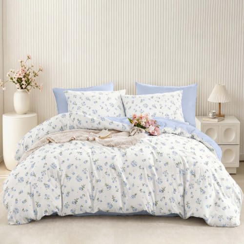 Queen Floral Duvet Cover Set - Blue 3-Piece Bed Bedding