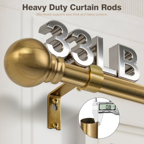 Brushed Brass Curtain Rod 32-152 Inch Heavy Duty Adjustable Drapery Rod with Finials - Antique Warm Gold