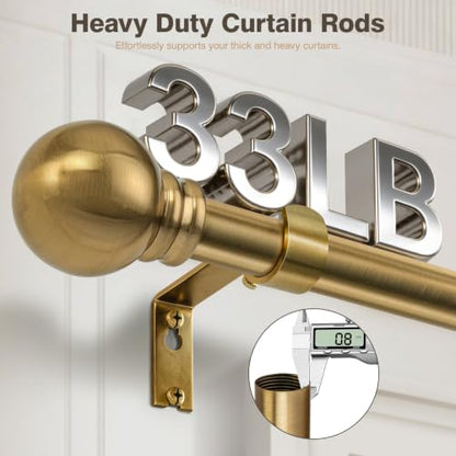 Brushed Brass Curtain Rod 32-152 Inch Heavy Duty Adjustable Drapery Rod with Finials - Antique Warm Gold