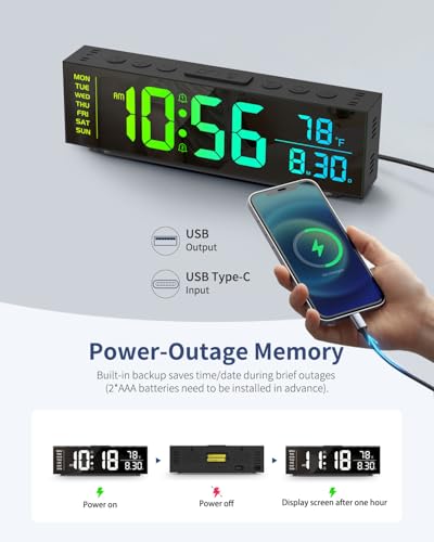 Digital Wall Clock with Color Options, Date, Temperature & Nightlight
