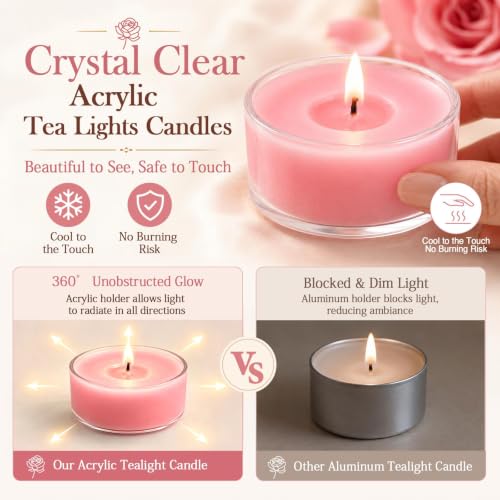 Pink Rose Scented Tea Light Candles 50 Pack Natural Soy Wax
