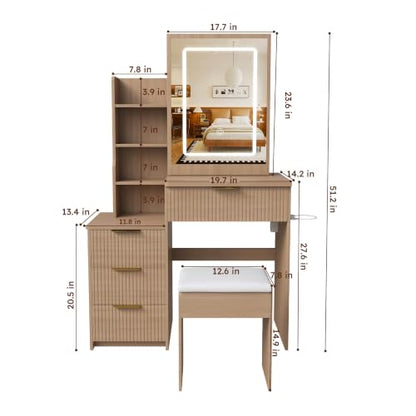 Dressing Table Set with Mirror & Lights, Vanity Desk with 4 Drawers, Hidden Storage, Charging Station - Natural Oak