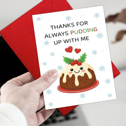 Thanks For Pudding Up With Me Card Xmas18 Funny Food Pun Holiday Card