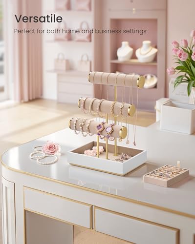 Cloud White + Camel Brown 3-Tier Jewelry Bracelet Holder Stand with Removable Ring Tray