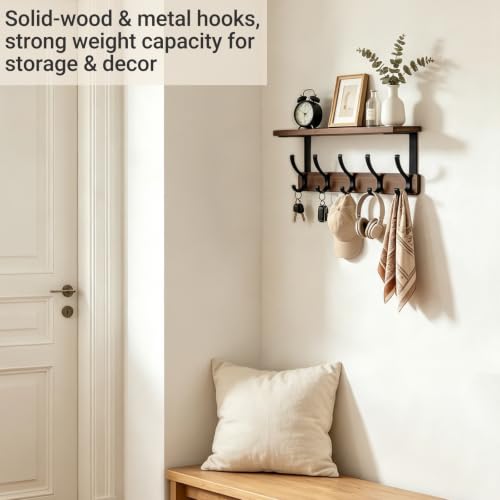 Rustic Wall Coat Rack Shelf with 5 Dual Hooks for Entryway & Home