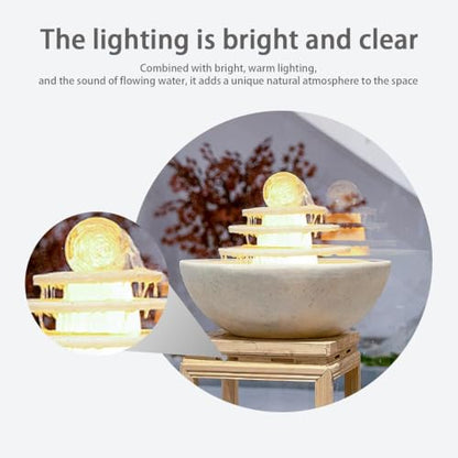 Indoor Water Fountain with LED Lights, Desktop Waterfall, Polyresin Relaxation Decor