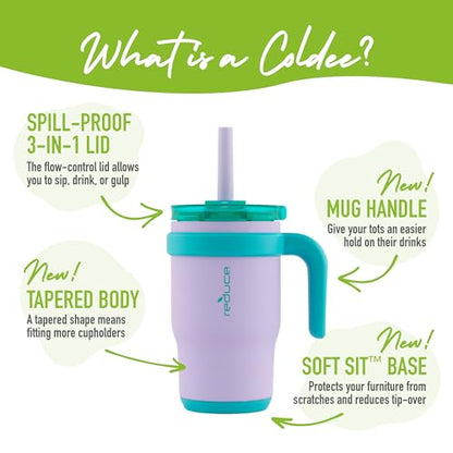 REDUCE 14 oz Coldee Tumbler with Handle for Kids Leakproof Insulated Stainless Steel Mug with Lid & Spill-Proof Straw, Keeps Drinks Cold up to 18 Hrs, Purple Mermaid