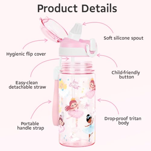 Kids Water Bottle for School & Travel - Pink Ballet, 16oz BPA-Free