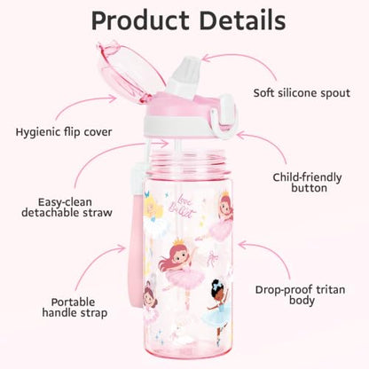 Kids Water Bottle for School & Travel - Pink Ballet, 16oz BPA-Free