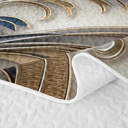 King Size 3D Sculpted Plants Quilt Set White Gold Blue - All-Season Bedding