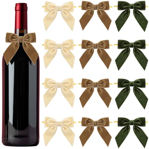 Christmas Bow Wine Bottle Cover Set - 12 Pcs Xmas Party Decor, Velvet Bow Variation