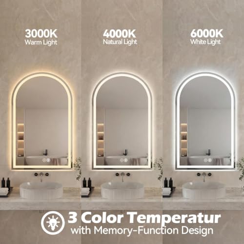 White Arched LED Bathroom Mirror with Lights - 24.1 x 32.1 Inches, Dimmable & Defogging