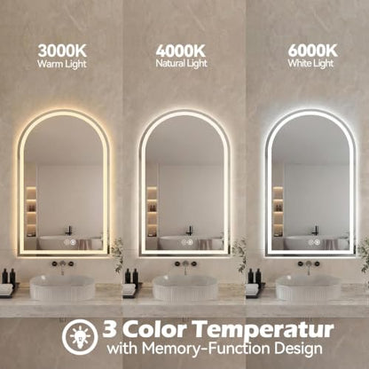 White Arched LED Bathroom Mirror with Lights - 24.1 x 32.1 Inches, Dimmable & Defogging