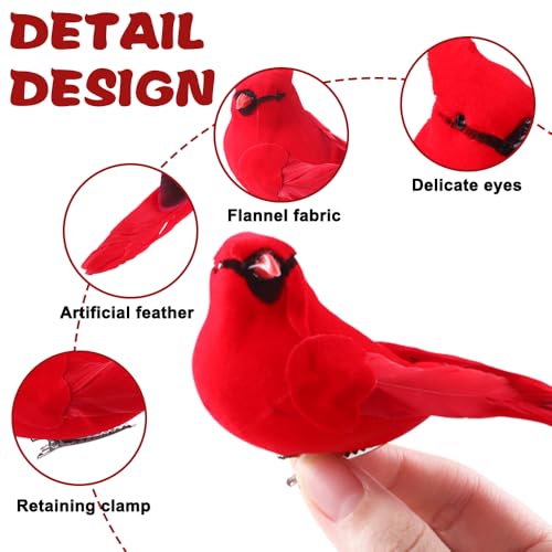 Clip 6pcs Red Cardinal Birds for Crafts Christmas Tree Wreath Decorations