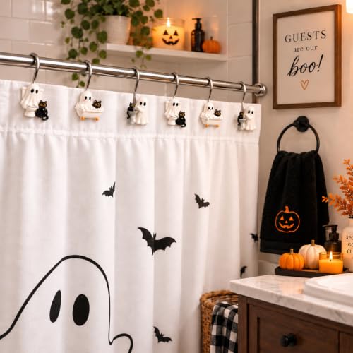 Halloween Shower Curtain Hooks Ghost & Black Cat Set - 12 Pack