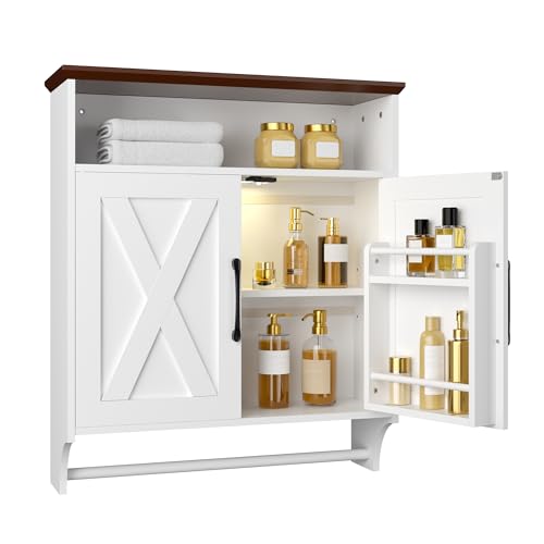 White Farmhouse Bathroom Wall Cabinet with Motion Sensor LED Light & Towel Bar