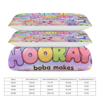 Cute Boba Tea Animals Kawaii Pattern Queen Duvet Cover Set 90x90 with Pillowcases