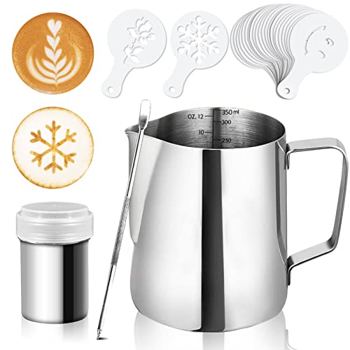 Artcome 12oz/350ml Stainless Steel Milk Frothing Pitcher with Measurement Inside - Cappuccino Pitcher Pouring Jug Espresso Cup - Perfect for Espresso Machines, Milk Frothers, Latte Art (33 PCS)