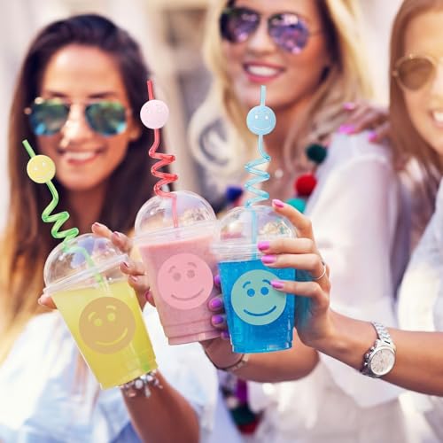 24 Pack Smile Face Pastel Cups with Lids and Straws - 12 oz Party Drinkware